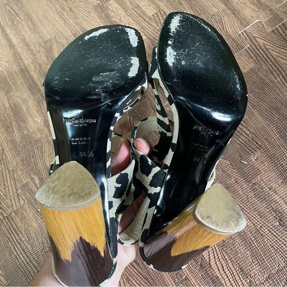 Yves Saint Laurent Heeled Sandals Size 39.5 Leopard Cow Print Canvas Wood Heel - Picture 7 of 10